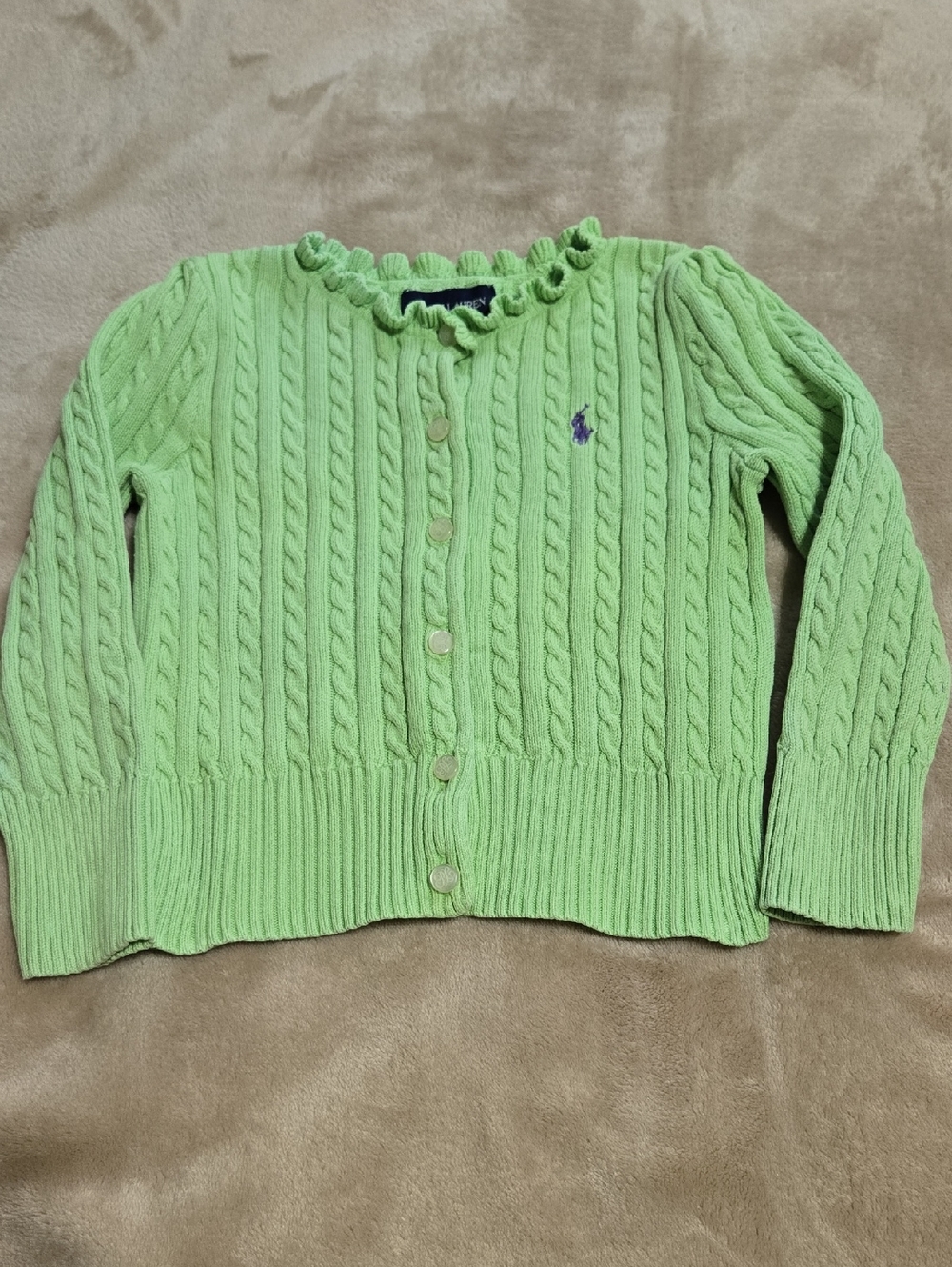 Ralph Lauren Girls Light Green Cable-Knit Ruffle Cardigan